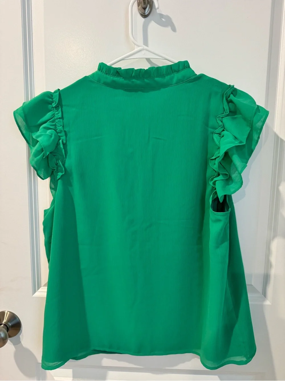 J. Crew Bright Green Ruffle Cap-Sleeve Tie-Neck Blouse